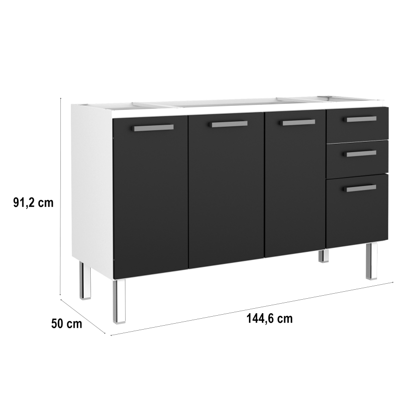 Gabinete De Aço P/ Pia 1,50 Eros Flat Preto Semi Brilho 1753 Cozimax