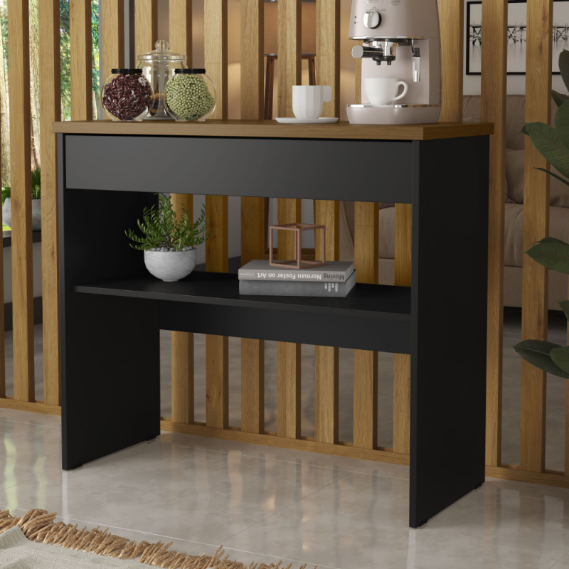 Mesa Aparador Escritório 1 Gaveta Max 90 Preto Fosco Freijo