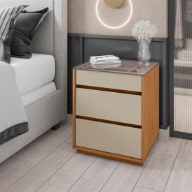 Mesa de Cabeceira Belize 3G Cedro Linho Tampo de Vidro Casa D