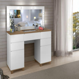 Penteadeira Camarim Clean 100% MDF Branco Amadeirado Com Led Espelho Pés Madeira Ofertamo