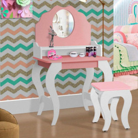 Penteadeira Infantil com Espelho Banqueta  Encanto Branco/Rosa MDF FORA DE LINHA
