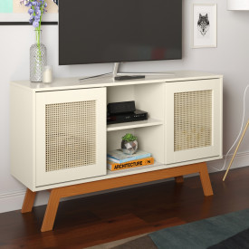 Rack Buffet com duas Porta de Correr Rattan pés em Madeira Off White Ofertamo