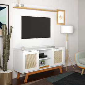 Rack com Painel Rattan Portas de Correr Branco Ofertamo Móveis Sala