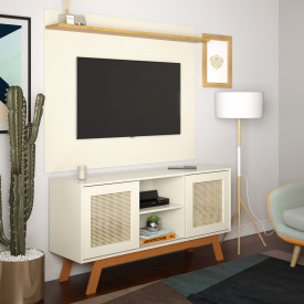 Rack com Painel Rattan Portas de Correr Off White Ofertamo Móveis Sala