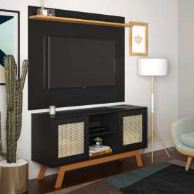 Rack com Painel Rattan Portas de Correr Preto Ofertamo Móveis Sala