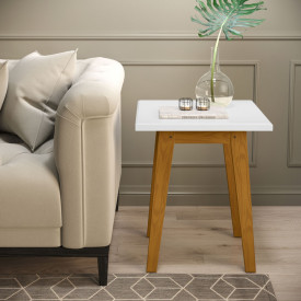 Mesa Lateral Prism Branco Acetinado Pés em Madeira Patrimar