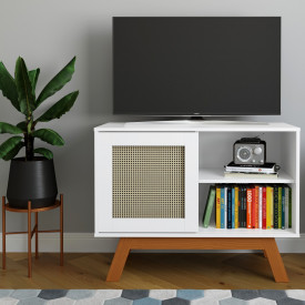 Mesa de Cabeceira Rattan Com Porta Deslizante Branco Ofertamo