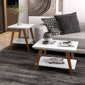 Conjunto Mesa Centro Mesa Lateral e Aparador Davi Branco/Amadeirado Ofertamo