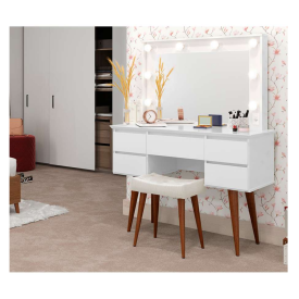 Penteadeira Camarim Strass Branco c/ Banco Espelho Patrimar