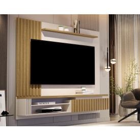 Painel Muller Wood Ripado Off White Sala Cumaru Giga Moveis