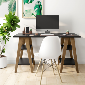 Mesa Escrivaninha Cavalete 1,35x0,66 Tampo 30mm 4 Prateleiras Preto pés em madeira OFERTAMO