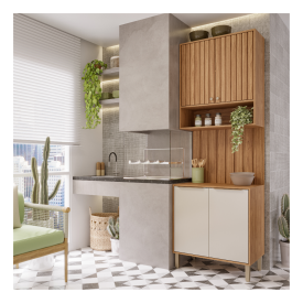 Kit P/ Cozinha C/Balcão Aéreo e Intermediário 100% MDF 80cm Freijo Off White MGM