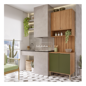 Kit P/ Cozinha C/Balcão Aéreo e Intermediário 100% MDF 80cm Freijo Verde MGM