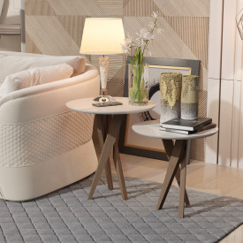 Conjunto Mesa Classic Lateral Redondo Off White Pés de Eucalipto Maciço Móveis Decor FORA DE LINHA 