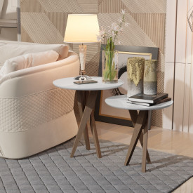 Conjunto Mesa Classic Lateral Redondo Branco Pés de Eucalipto Maciço Móveis Decor FORA DE LINHA