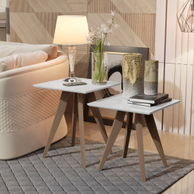 Conjunto Mesa Classic Lateral Quadrado Branco Pés de Eucalipto Maciço Móveis Decor FORA DE LINHA 