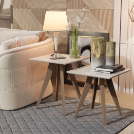 Conjunto Mesa Classic Lateral Quadrado Off White Pés de Eucalipto Maciço Móveis Decor 