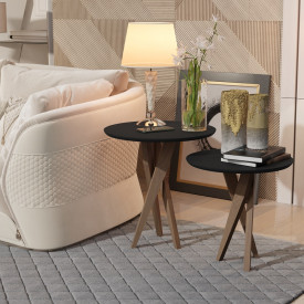 Conjunto Mesa Classic Lateral Redondo Preto Pés de Eucalipto Maciço Móveis Decor FORA DE LINHA