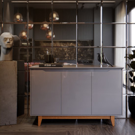 Aparador Buffet  3 Portas Flow Ej Móveis Cinza Sala