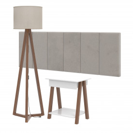 Conjunto Cabeceira 1,40 Bege Claro c/Luminaria e Mesa 1gav Amadeirado/Branco OFERTAMO
