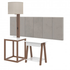 Conjunto Cabeceira 1,40 Bege Claro c/Mesa Abajour e Mesa 1gav Amadeirado/Branco OFERTAMO