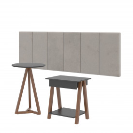 Conjunto Cabeceira 1,40 Bege Claro c/Mesa de Cabeceira 1gav e Mesa Redonda Amadeirado/Preto OFERTAMO