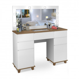 Penteadeira Camarim Clean 100% MDF Branco Amadeirado Com Led Espelho Pés Madeira Ofertamo