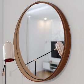 Espelho Redondo Moldura em Couro Sintético Marrom 61cm Aqua Imcal 6308