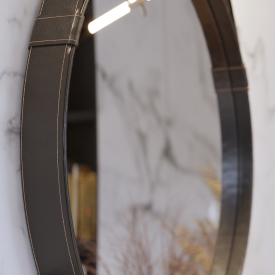 Espelho Redondo  Alça em Couro Sintético Preto Aqua Mais 