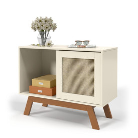 Balcao Buffet Aparador Bar Porta de Correr Rattan pés em Madeira Off White Ofertamo