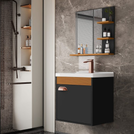 Conj Gab C/ Espelheira e Cuba para Banheiro Hercules Preto/Cedro