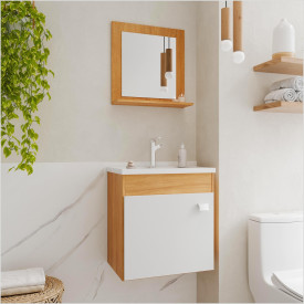 Armário Gabinete e Espelheira P/ Banheiro 1Pt Iris 44cm Cinamomo Branco MGM Móveis