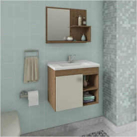 Armário Gabinete e Espelheira P/ Banheiro 1Pts 4 Prateleiras Lotus 55cm Amêndoa Off White MGM Móveis