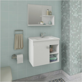 Armário Gabinete e Espelheira P/ Banheiro 1Pts 4 Prateleiras Lotus 55cm Branco MGM Móveis