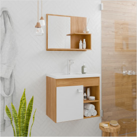 Armário Gabinete e Espelheira P/ Banheiro 1Pts 4 Prateleiras Lotus 55cm Cinamomo Branco MGM Móveis