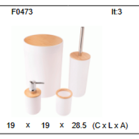 Kit Banheiro 4 peças lixeira Basculante dispenser escova e copo Branco c/ tampa em Bambu F0473 - Ofertamo