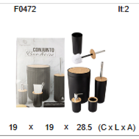 Kit Banheiro 4 peças lixeira Basculante dispenser escova e copo Preto c/ tampa em Bambu F0472 - Ofertamo