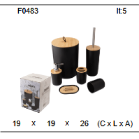 Kit Banheiro 6 Peças c/ Lixeira Preto PP Bambu F0483 - Ofertamo
