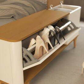 Sapateira Banco Bau Recamier 1,30 MDF Pés Madeira Aruma Off White com Nature 33205 Ofertamo