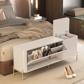 Sapateira Banco Bau Recamier 1,30 MDF Pés Ferro Dourado Tucupi Off White  33208 Ofertamo 
