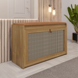 Banco Sapateira Plenitude 90cm Madeira assento Almofadado Corino Marrom Ofertamo