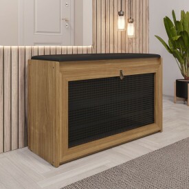 Banco Sapateira Plenitude 90cm Madeira assento Almofadado Corino Preto Ofertamo