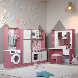 Cozinha Infantil Com Lavanderia e Penteadeira Com Led Branco Rosa Ofertamo