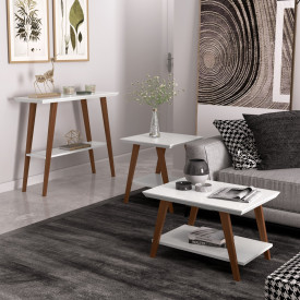 Conjunto Mesa Centro Mesa Lateral e Aparador Davi Branco/Amadeirado Ofertamo
