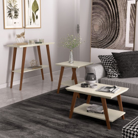 Conjunto Mesa Centro Mesa Lateral e Aparador Davi Off White/Amadeirado Ofertamo