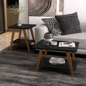Conjunto Mesa Centro e Mesa Lateral Davi Preto/Amadeirado Ofertamo