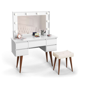 Penteadeira Camarim Strass Branco c/ Banco Espelho Patrimar