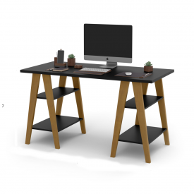 Mesa Escrivaninha Cavalete 1,35x0,66 Tampo 30mm 4 Prateleiras Preto pés em madeira OFERTAMO