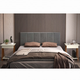 Conjunto Cabeceira 1,40 Cinza e 02  Mesa de Cabeceira 1gaveta Amadeirado/Off White OFERTAMO