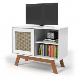 Mesa de Cabeceira Rattan Com Porta Deslizante Branco Ofertamo